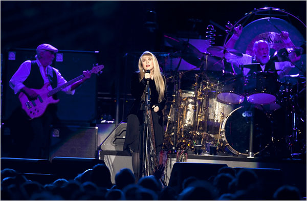 From left, John McVie, Stevie Nicks and Mick Fleetwood of Fleetwood Mac at Madison Square Garden on Thursday. The band mostly performed its 1970s hits. (Photo by Robert Caplin) 
