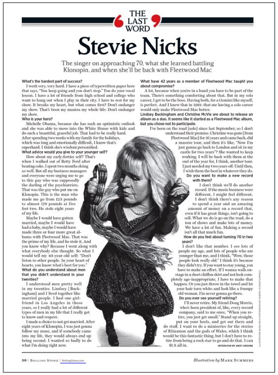 Stevie Nicks, Rolling Stone, The Last Word, March 23 2017, klonopin, Buckingham McVie, Fleetwood Mac album